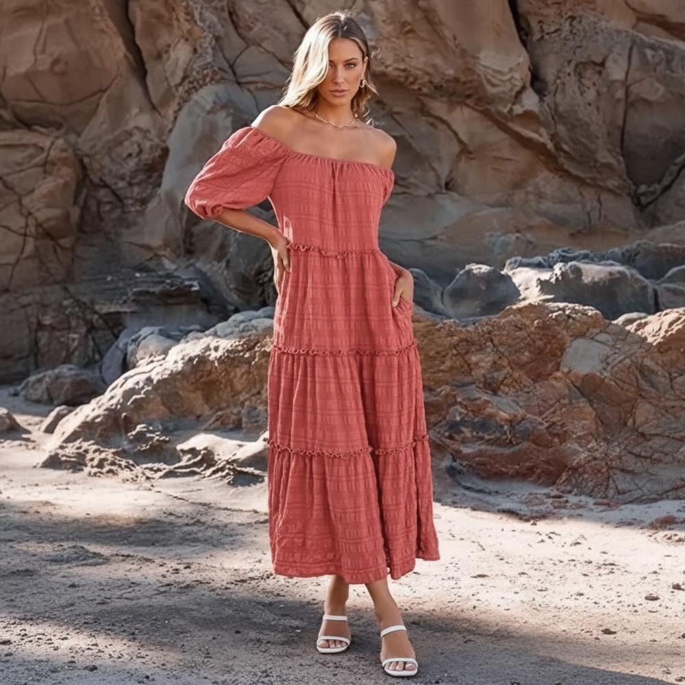 🌺 NWT Umgee Coral Tiered Maxi Dress | Off-Shoulder Boho Beach Cottage Core | Sm